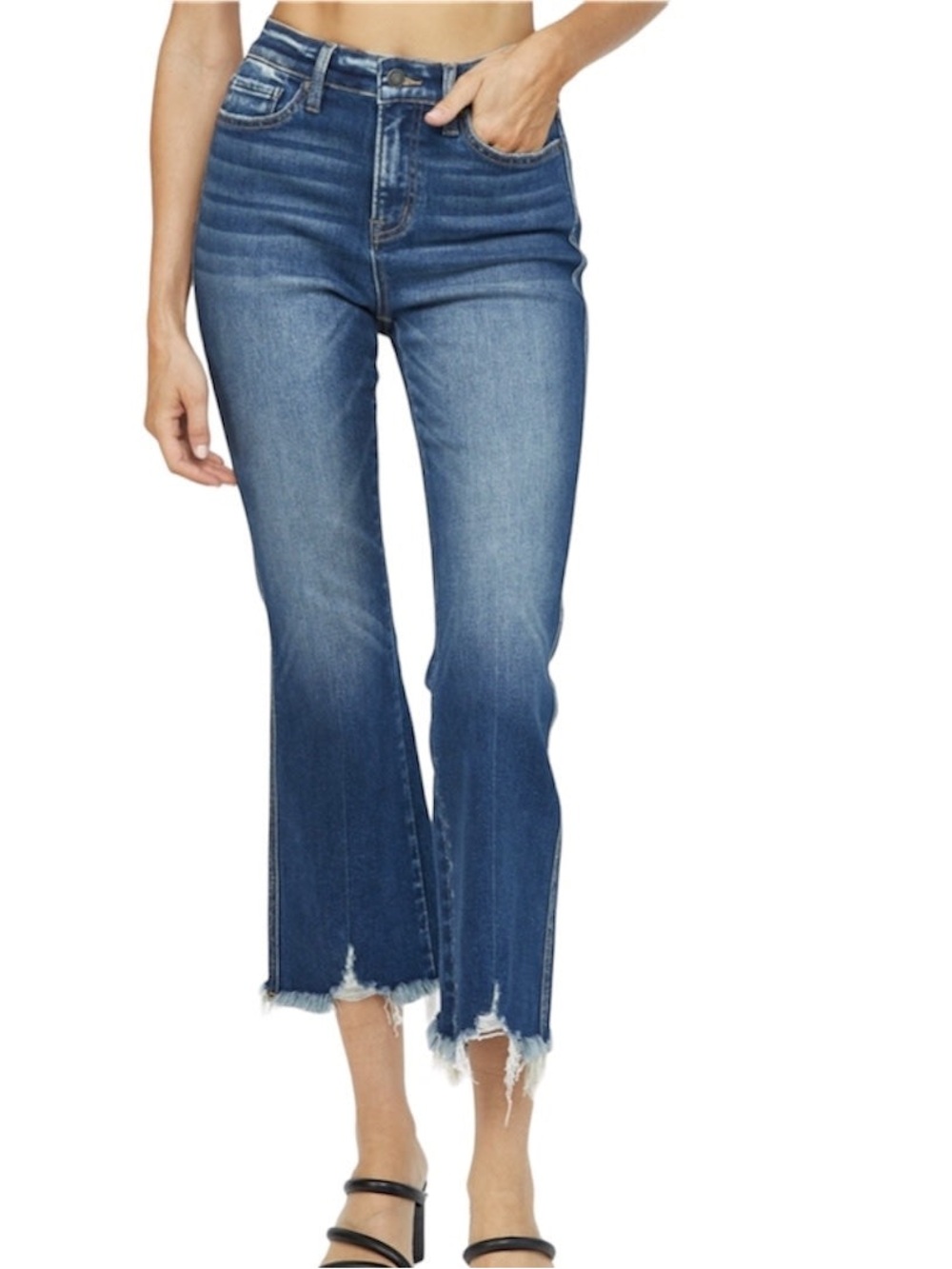 Mica Denim High Rise Crop Flare Jeans Dark Wash Frayed Hem Size 25